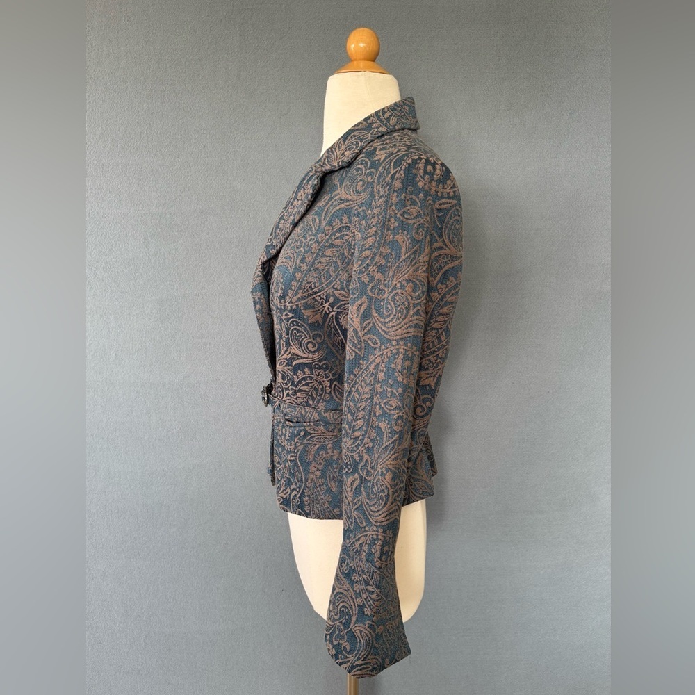 Biacci Jacquard Paisley Blazer Sz 6 Teal Bronze Jeweled Belted Jacket - Picture 3 of 13